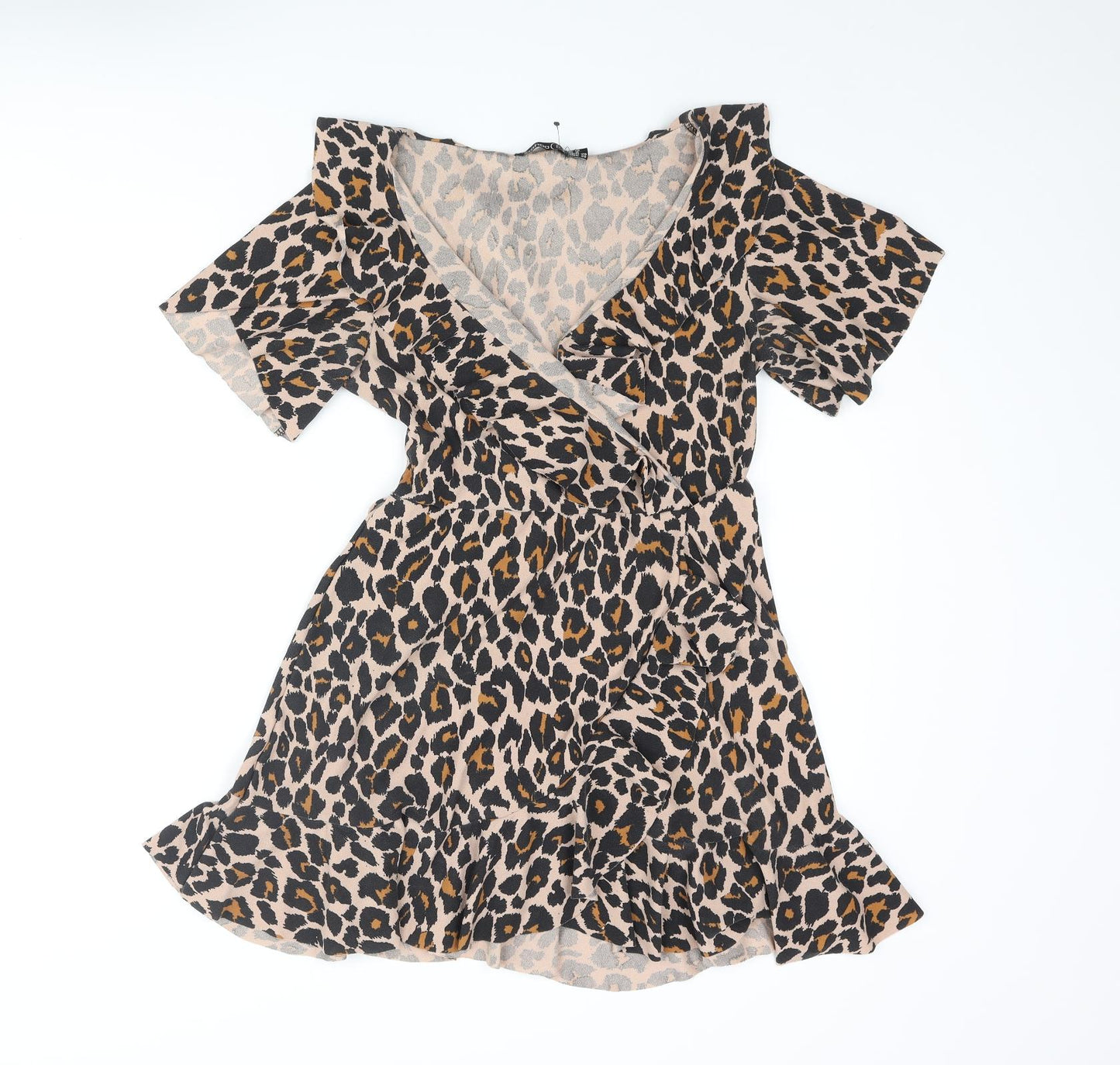 Boohoo Womens Brown Animal Print Polyester Wrap Dress Size 12 V-Neck Pullover - Leopard Print Frill