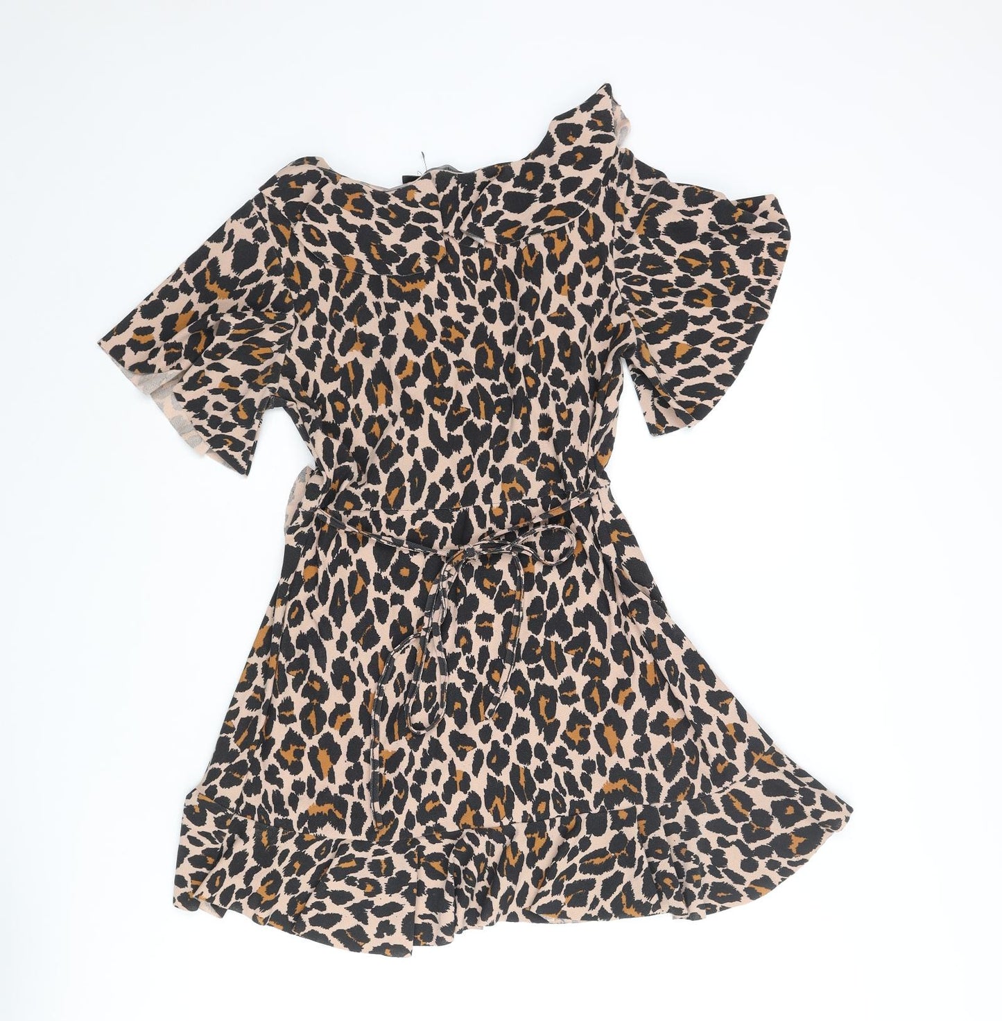 Boohoo Womens Brown Animal Print Polyester Wrap Dress Size 12 V-Neck Pullover - Leopard Print Frill