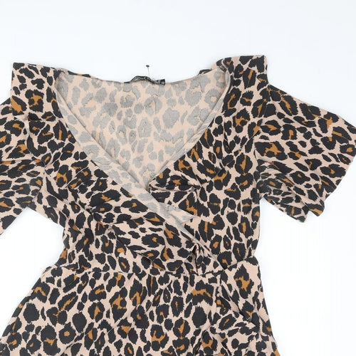 Boohoo Womens Brown Animal Print Polyester Wrap Dress Size 12 V-Neck Pullover - Leopard Print Frill