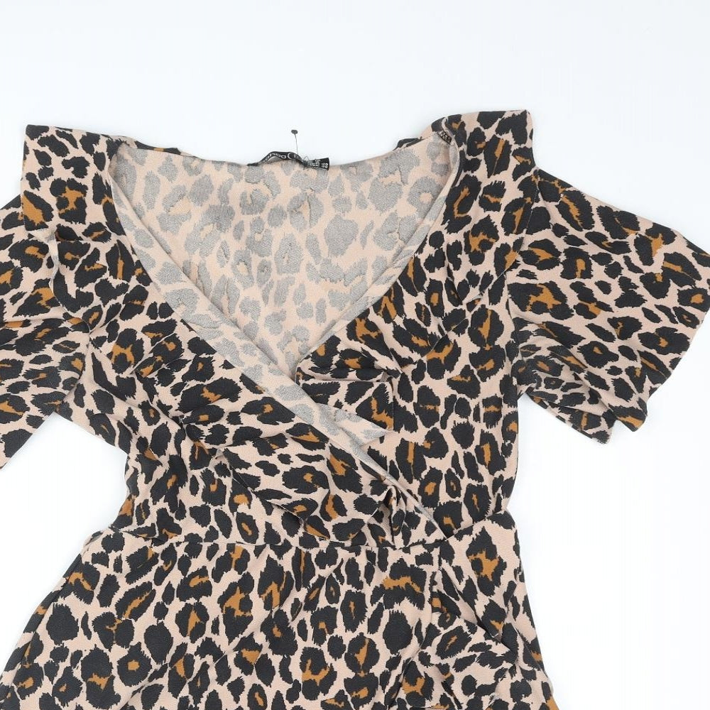 Boohoo Womens Brown Animal Print Polyester Wrap Dress Size 12 V-Neck Pullover - Leopard Print Frill