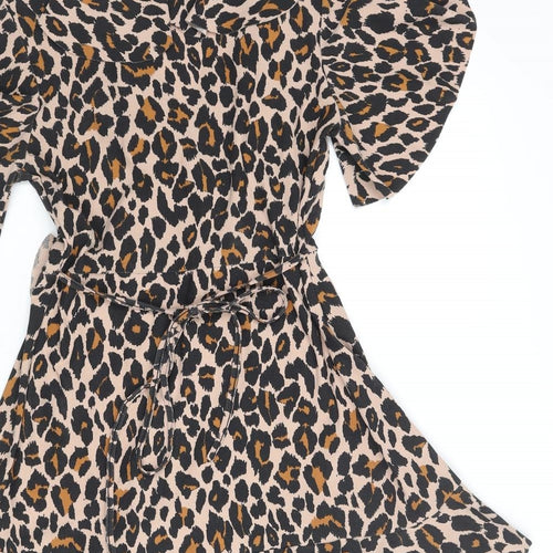 Boohoo Womens Brown Animal Print Polyester Wrap Dress Size 12 V-Neck Pullover - Leopard Print Frill