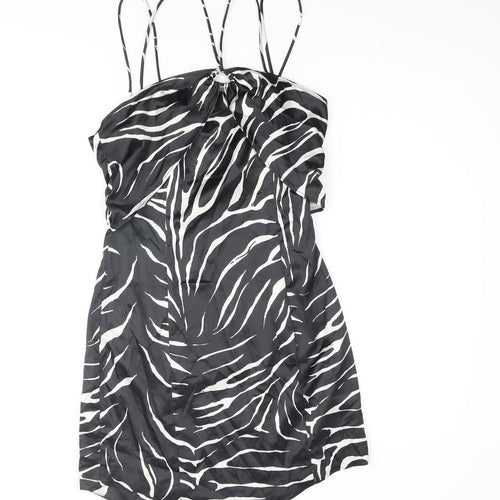 Zara Womens Black Animal Print Polyester Slip Dress Size M Sweetheart Zip - Keyhole Front Zebra Print