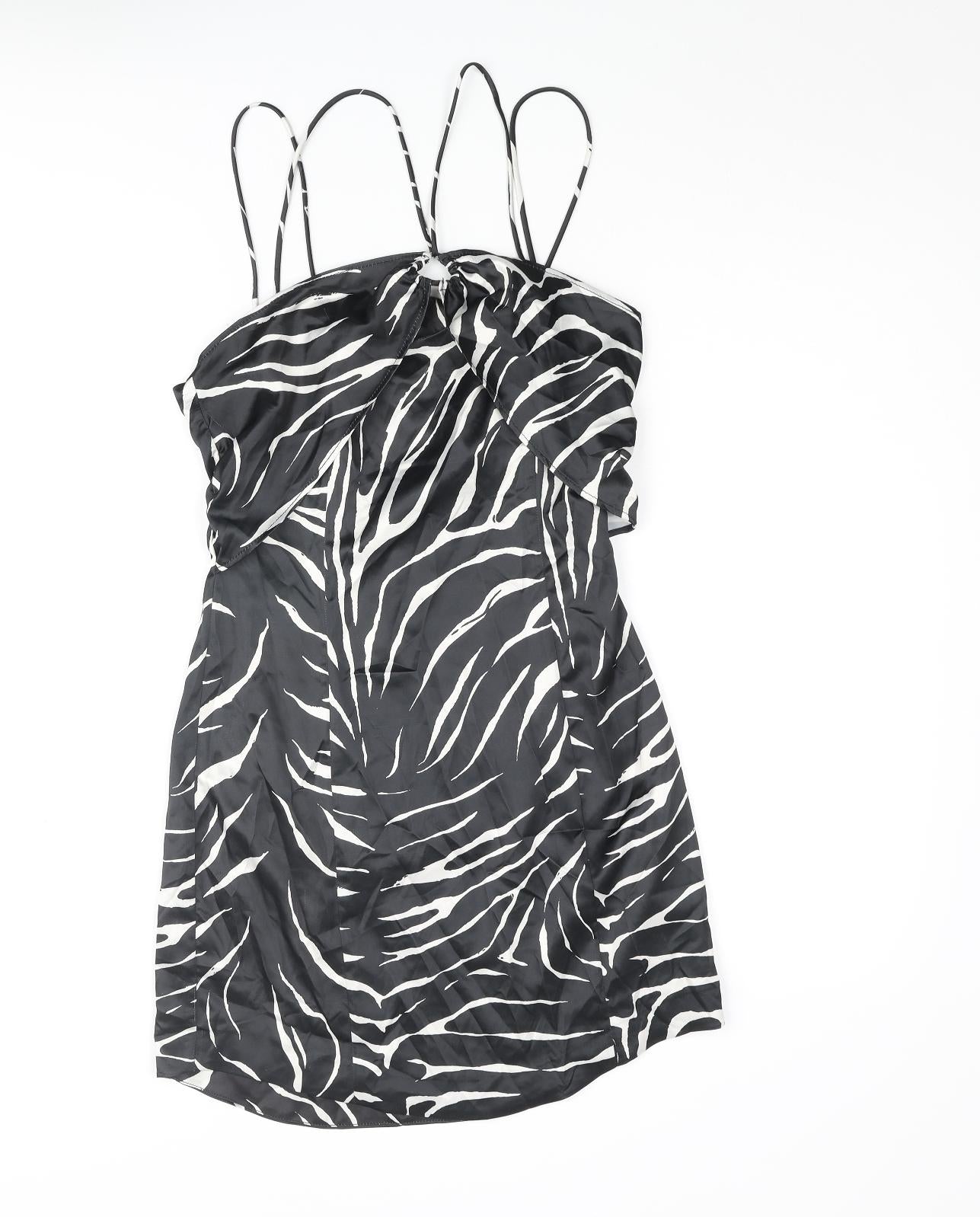 Zara Womens Black Animal Print Polyester Slip Dress Size M Sweetheart Zip - Keyhole Front Zebra Print