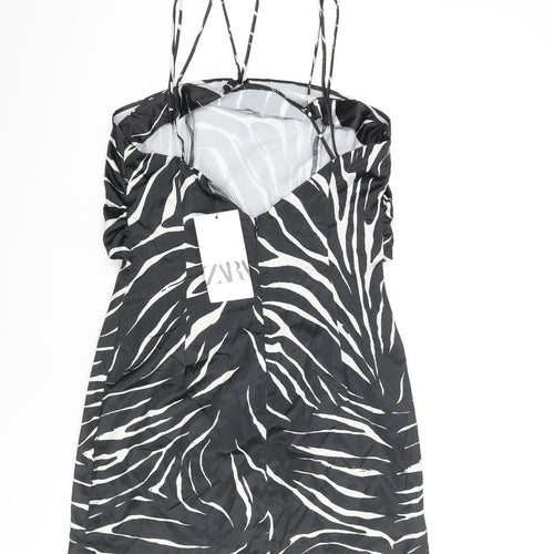 Zara Womens Black Animal Print Polyester Slip Dress Size M Sweetheart Zip - Keyhole Front Zebra Print