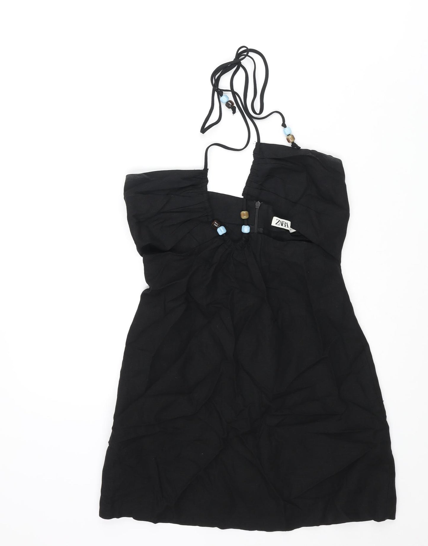 Zara Womens Black Viscose Mini Size XS Halter Zip - Beaded Tie