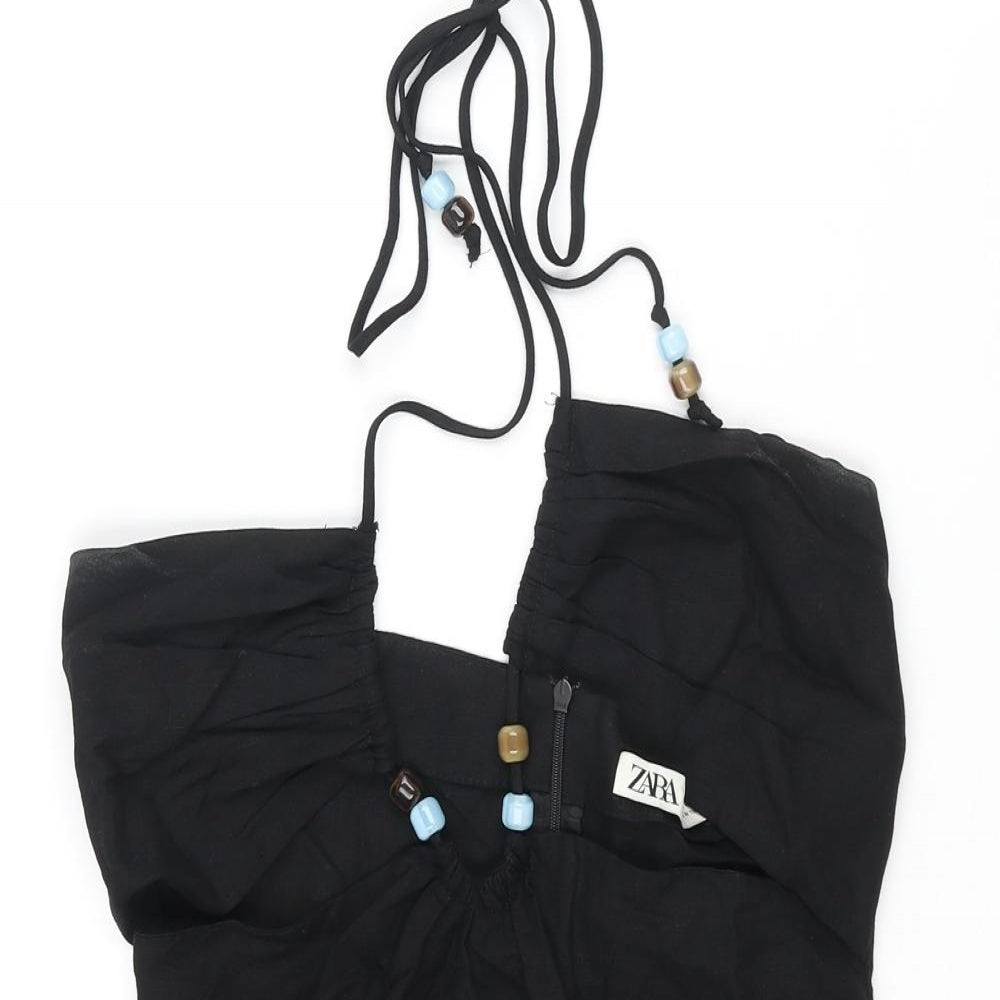 Zara Womens Black Viscose Mini Size XS Halter Zip - Beaded Tie