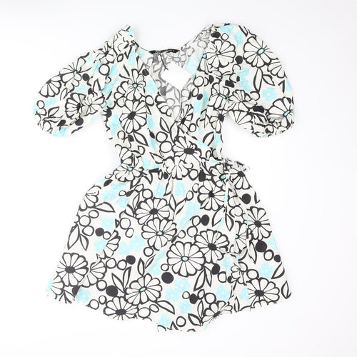 Zara Womens Ivory Floral Cotton Wrap Dress Size XS V-Neck Tie - Rouched