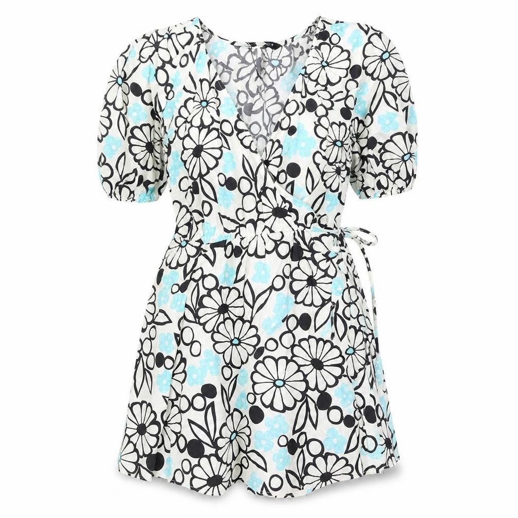 Zara Womens Ivory Floral Cotton Wrap Dress Size XS V-Neck Tie - Rouched
