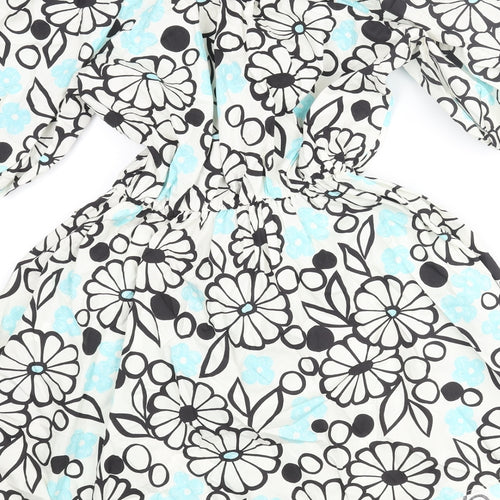 Zara Womens Ivory Floral Cotton Wrap Dress Size XS V-Neck Tie - Rouched