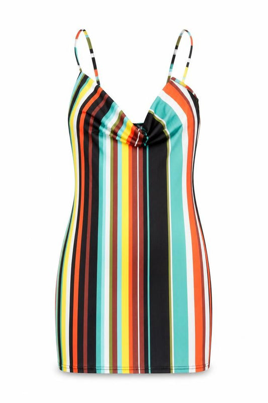 Front view of Missguided women’s multicoloured striped polyester mini, size UK 10, cowl neck pullover
