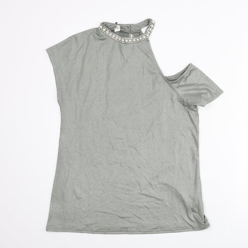 River Island Womens Silver Polyester Basic Blouse Size 10 Mock Neck - Peal Rhinestone Cold Shoulder