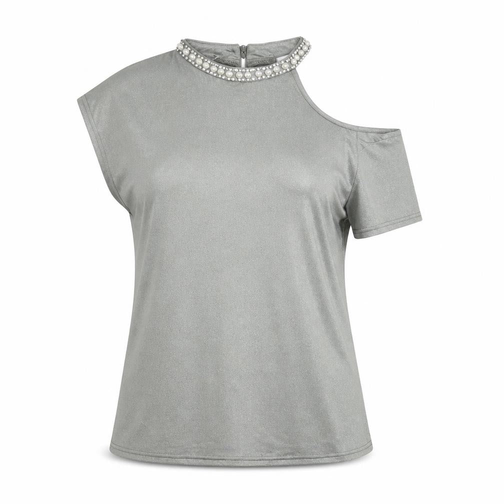 Front view of River Island women’s silver polyester basic blouse, size UK 10, mock neck - peal rhinestone cold shoulder
