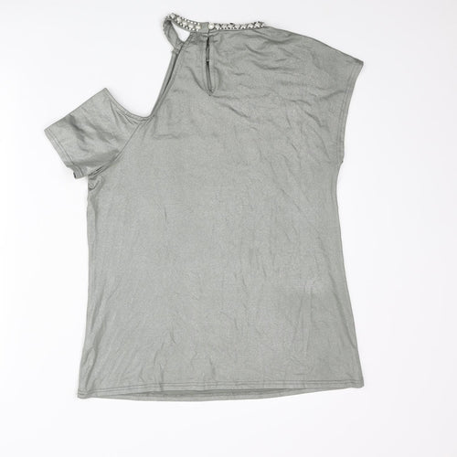 River Island Womens Silver Polyester Basic Blouse Size 10 Mock Neck - Peal Rhinestone Cold Shoulder