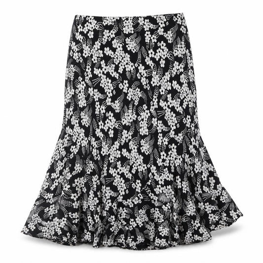 Front view of CMD women’s black floral polyester trumpet skirt, size UK 14