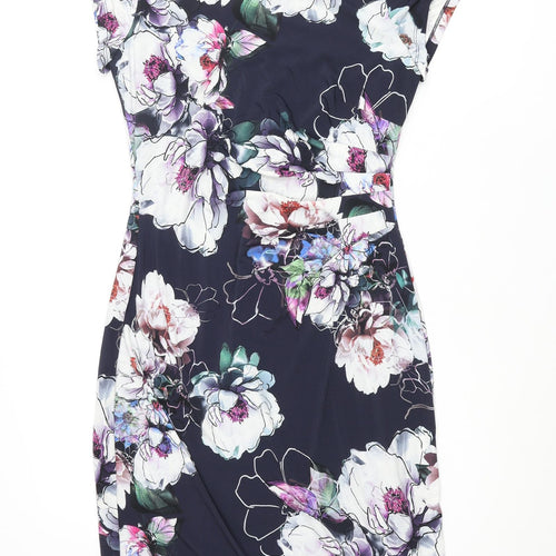 Roman Womens Blue Floral Polyester Pencil Dress Size 10 Round Neck Pullover