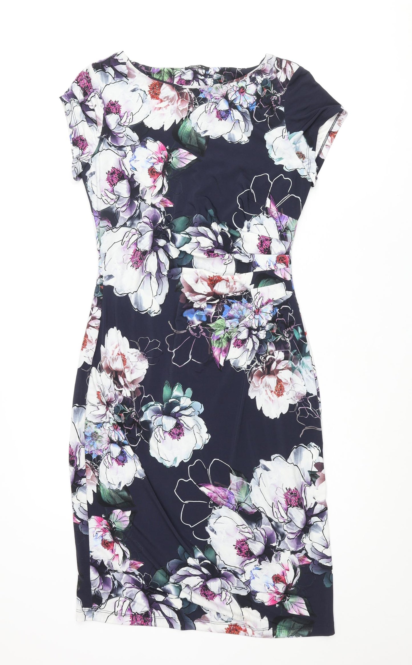 Roman Womens Blue Floral Polyester Pencil Dress Size 10 Round Neck Pullover