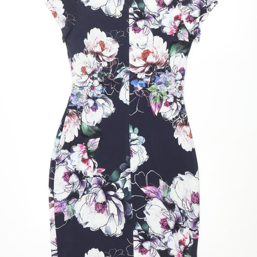 Roman Womens Blue Floral Polyester Pencil Dress Size 10 Round Neck Pullover