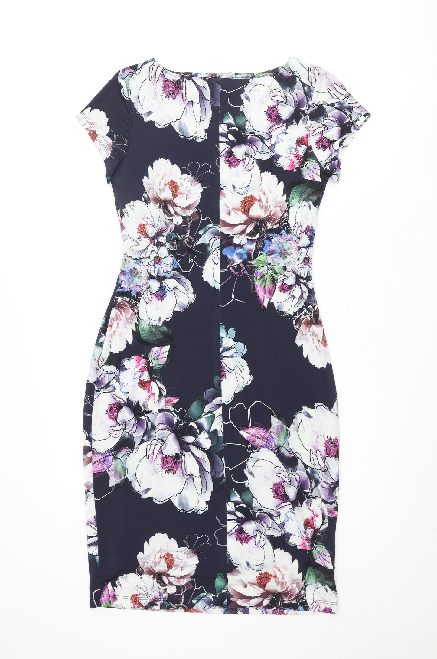 Roman Womens Blue Floral Polyester Pencil Dress Size 10 Round Neck Pullover