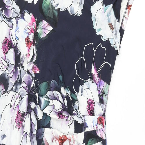 Roman Womens Blue Floral Polyester Pencil Dress Size 10 Round Neck Pullover