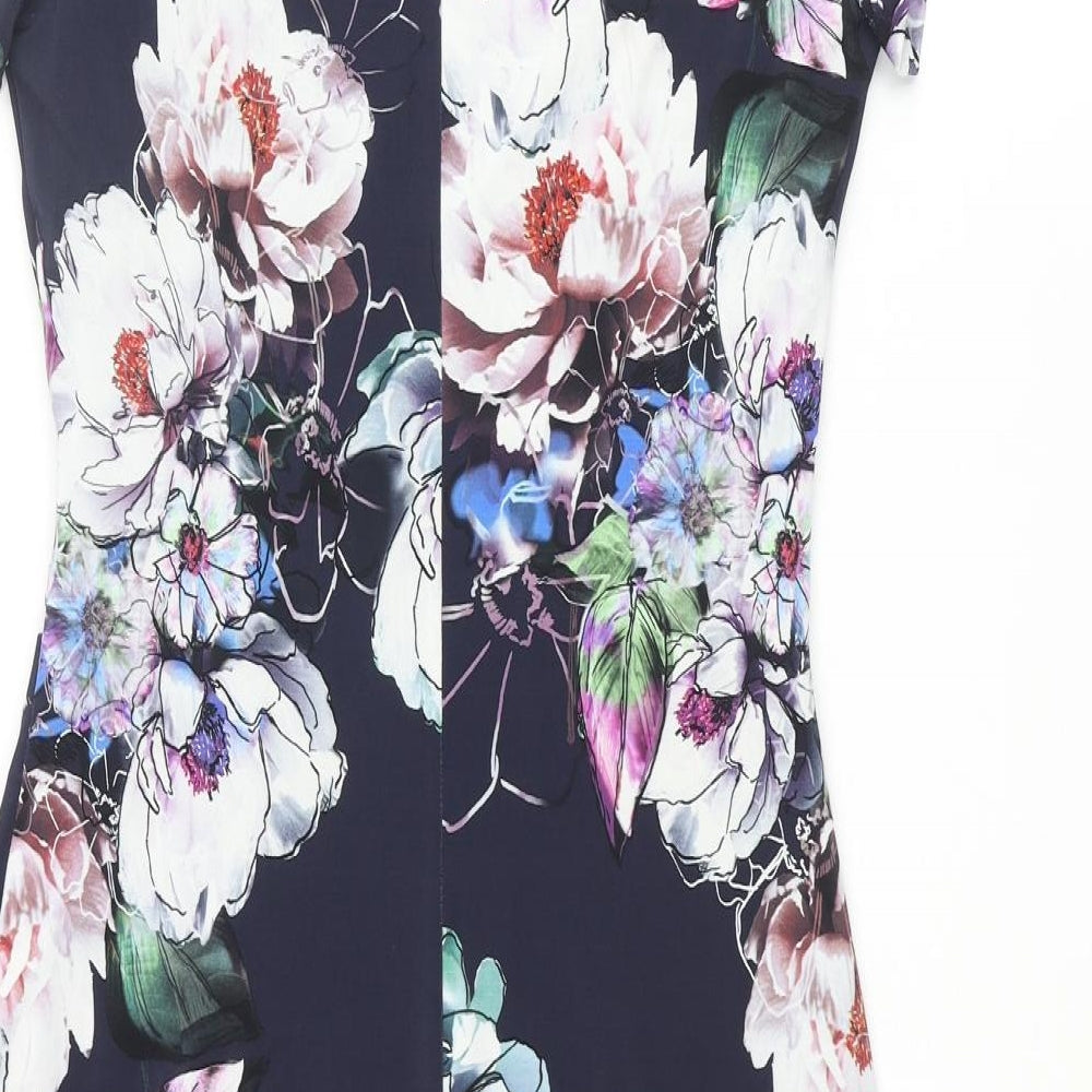 Roman Womens Blue Floral Polyester Pencil Dress Size 10 Round Neck Pullover