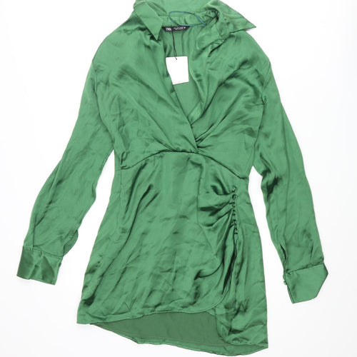 Zara Womens Green Polyester Shirt Dress Size S Collared Zip - Button