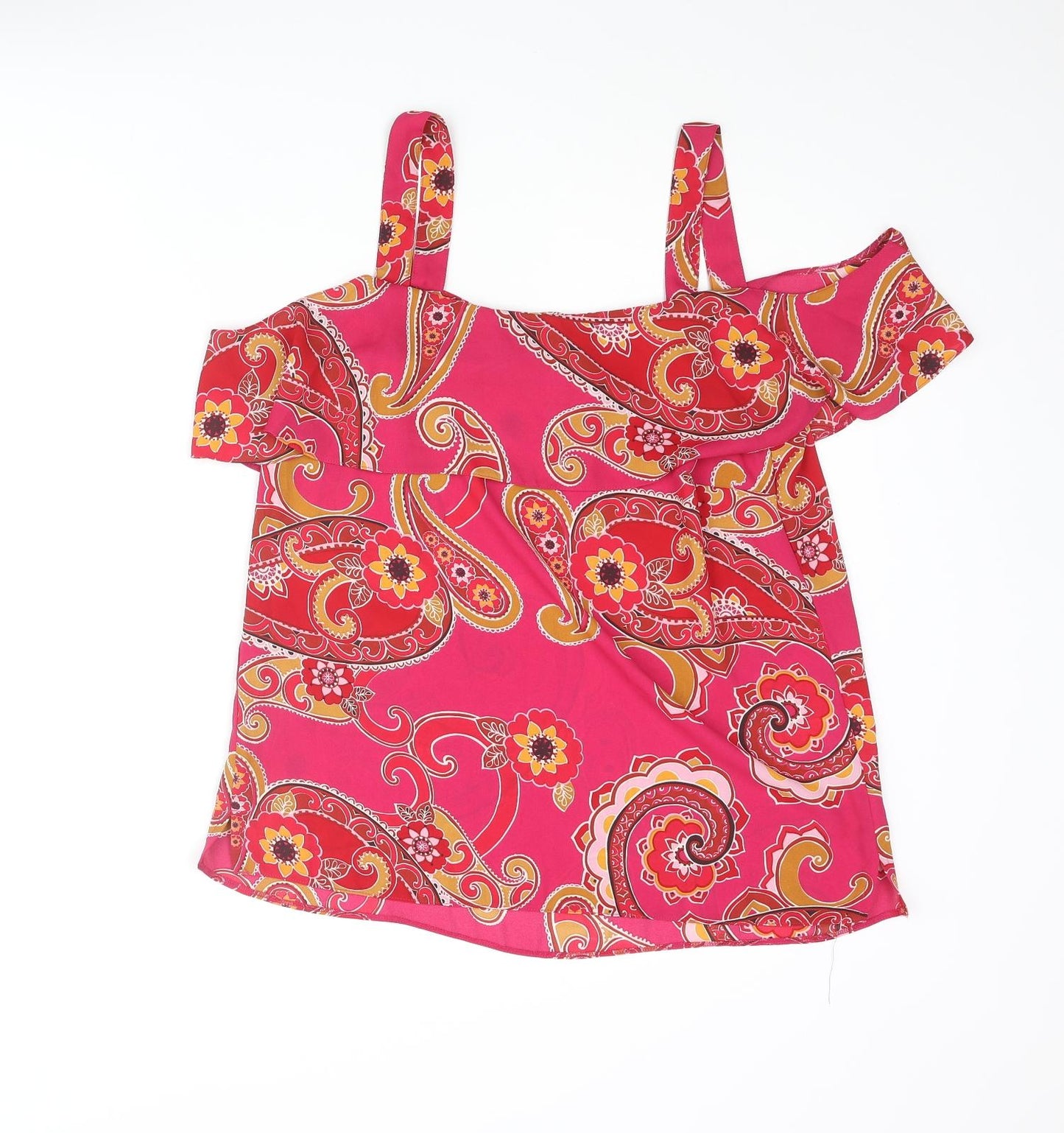 Dorothy Perkins Womens Pink Paisley Polyester Basic Blouse Size 12 Square Neck - Cold Shoulder Frill