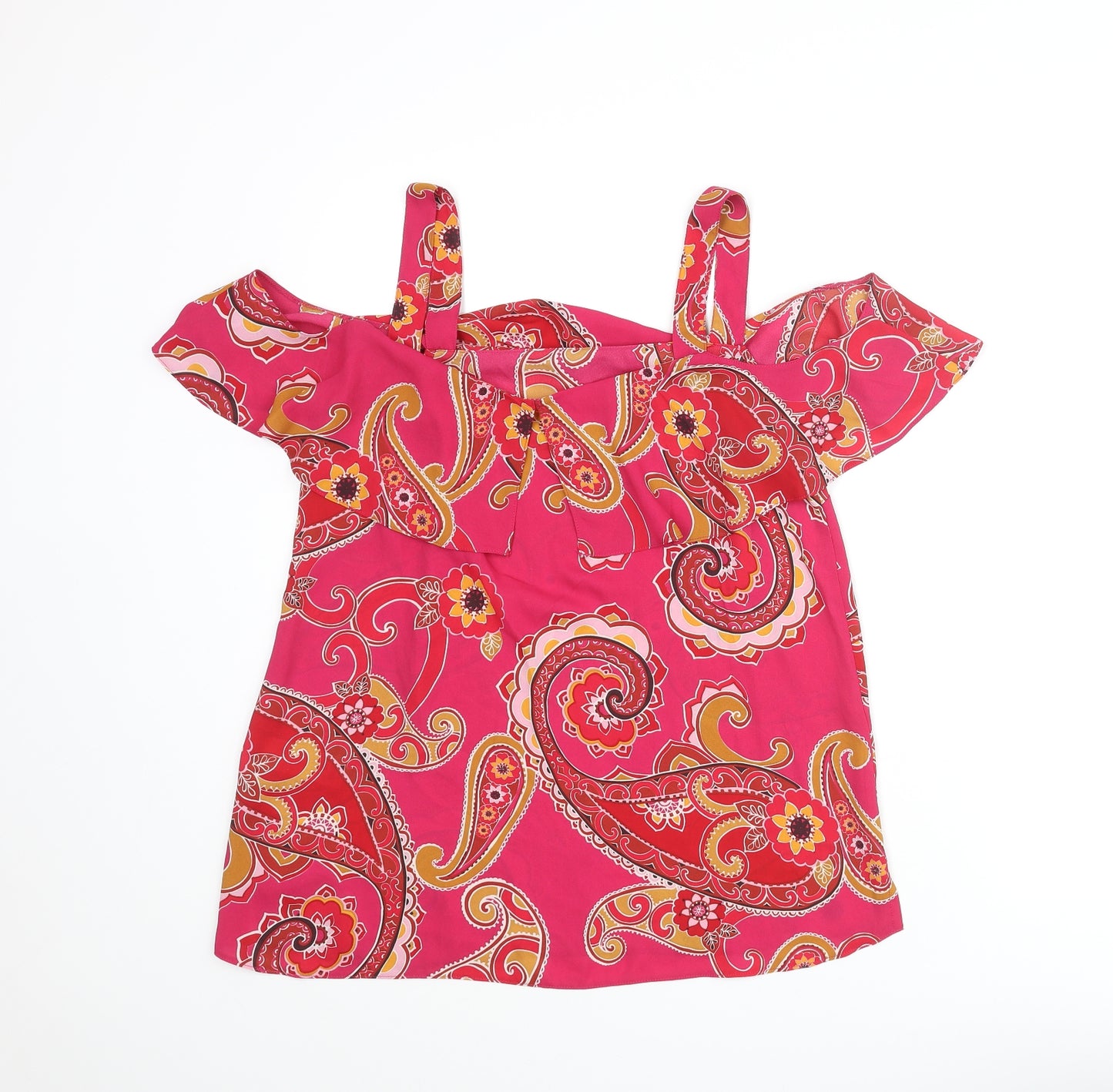 Dorothy Perkins Womens Pink Paisley Polyester Basic Blouse Size 12 Square Neck - Cold Shoulder Frill