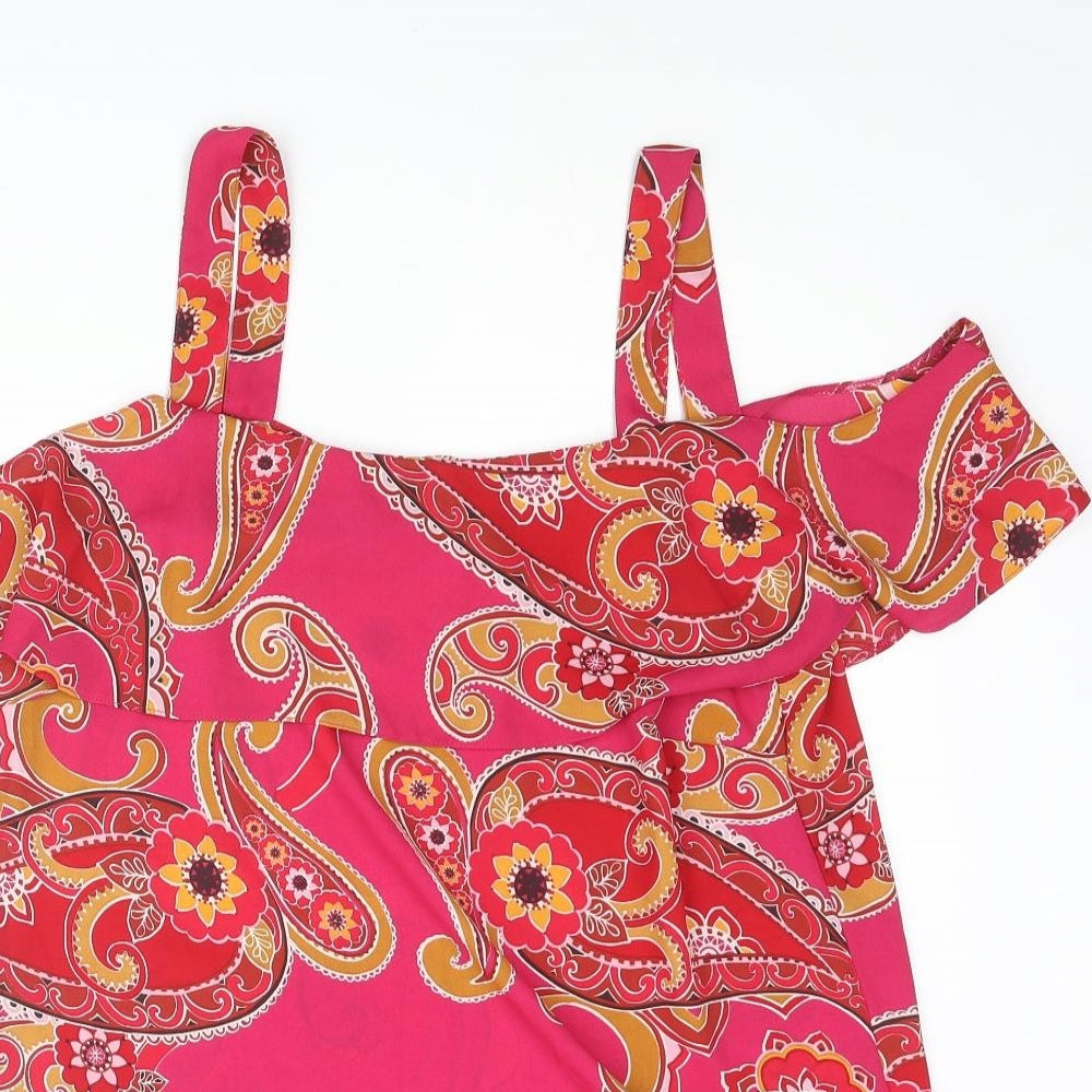 Dorothy Perkins Womens Pink Paisley Polyester Basic Blouse Size 12 Square Neck - Cold Shoulder Frill