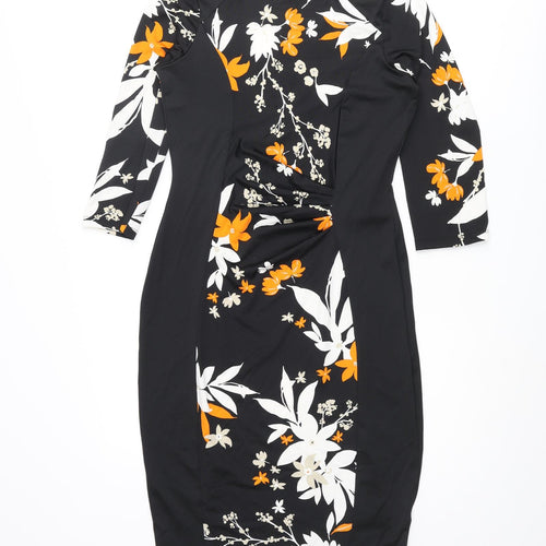 Marks and Womens Black Polyester Bodycon Size 10 Boat Neck Pullover - Floral Print