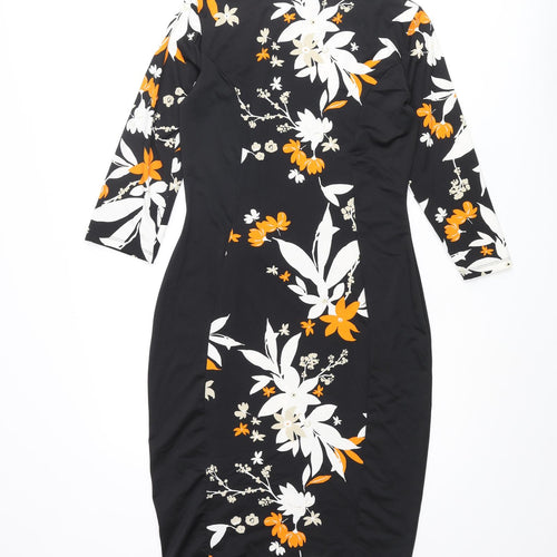 Marks and Womens Black Polyester Bodycon Size 10 Boat Neck Pullover - Floral Print