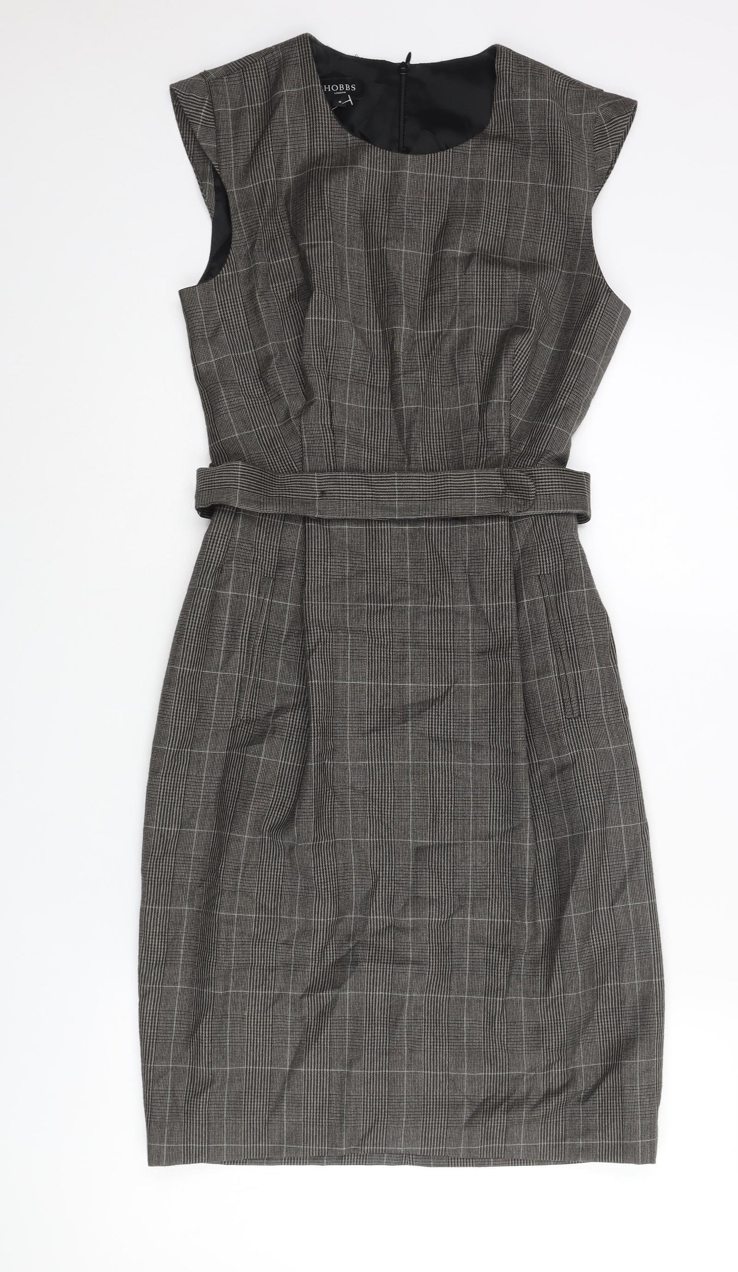 Hobbs Womens Brown Check Wool Pencil Dress Size 8 Round Neck Zip - Belted