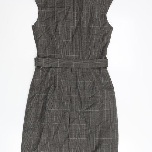 Hobbs Womens Brown Check Wool Pencil Dress Size 8 Round Neck Zip - Belted