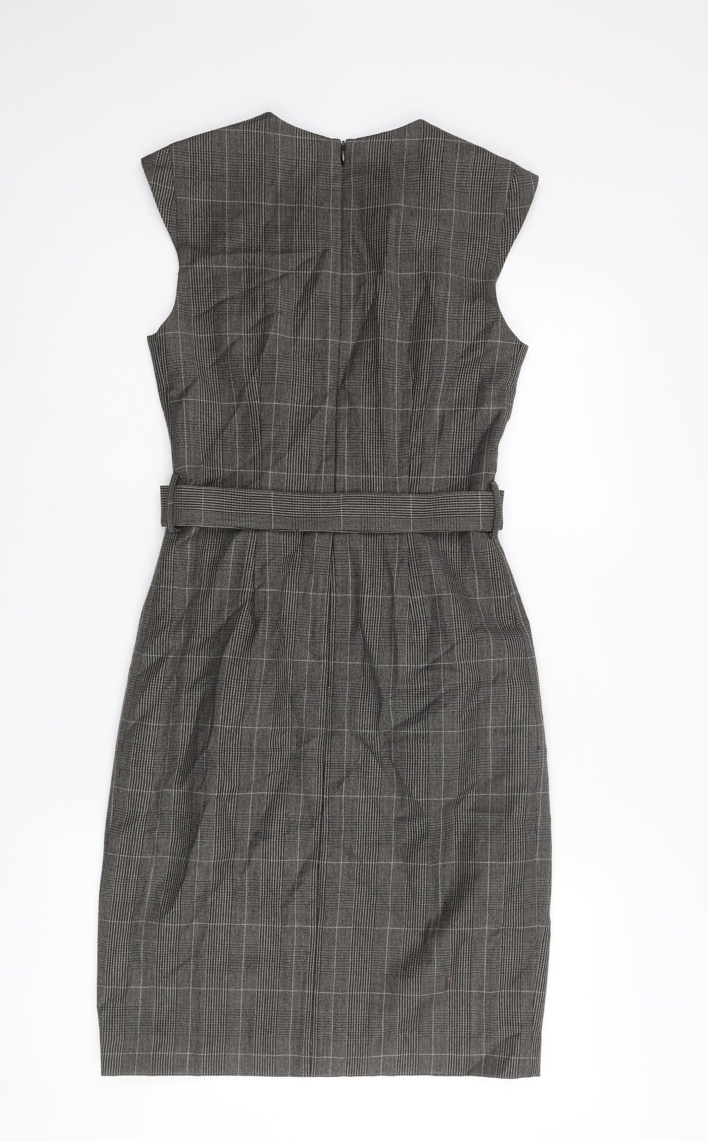 Hobbs Womens Brown Check Wool Pencil Dress Size 8 Round Neck Zip - Belted