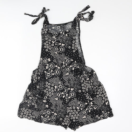 New Look Womens Black Floral Vinyl Romper One-Piece Size 10 Tie - Bow