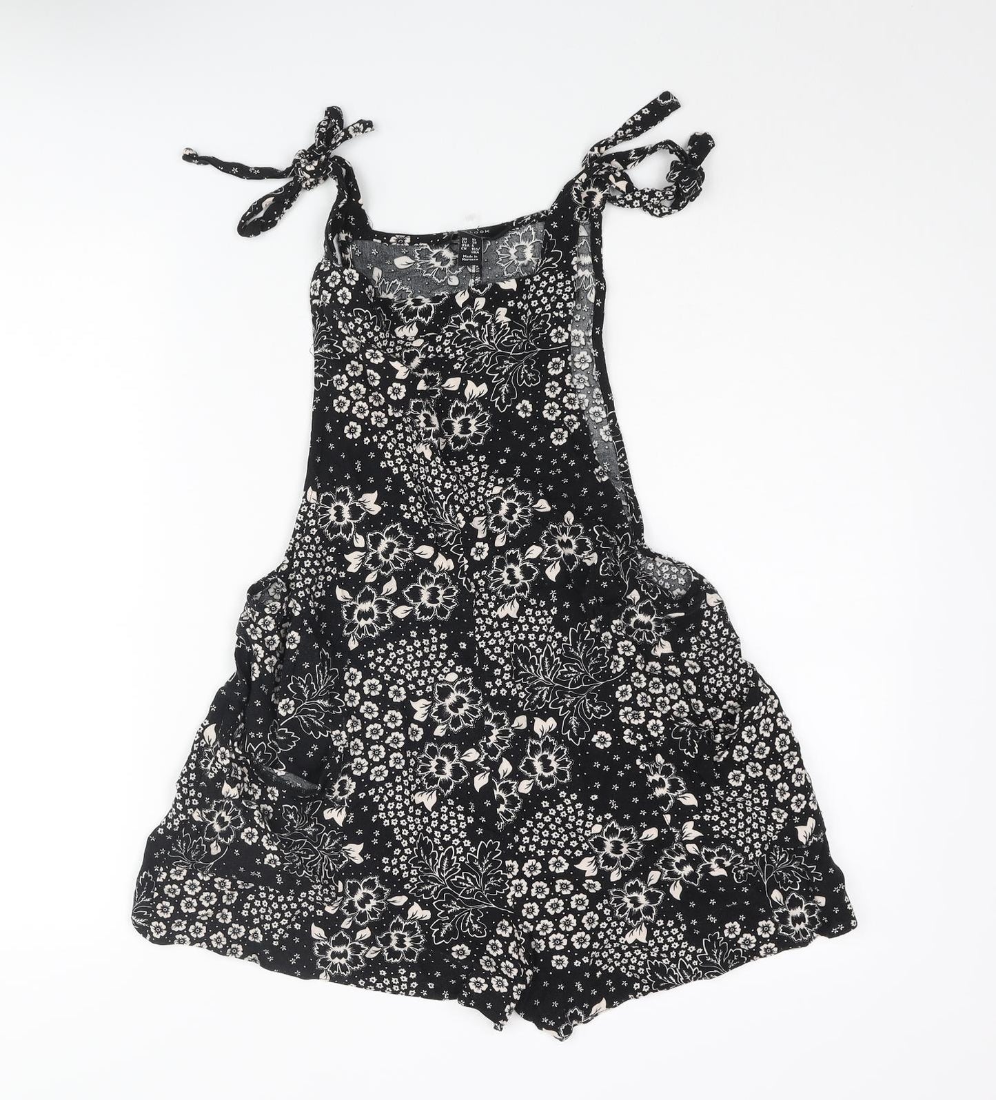 New Look Womens Black Floral Vinyl Romper One-Piece Size 10 Tie - Bow
