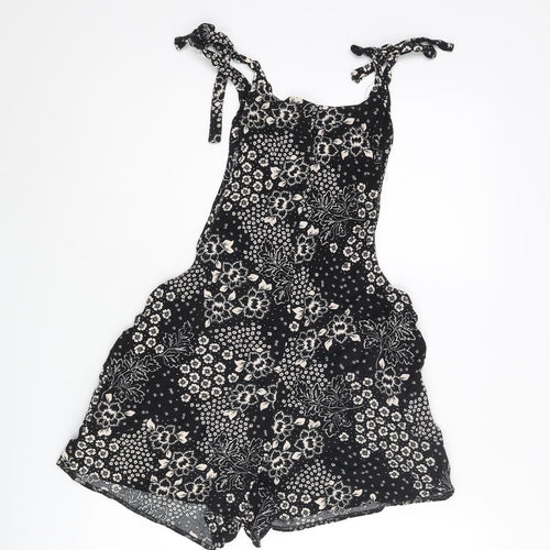 New Look Womens Black Floral Vinyl Romper One-Piece Size 10 Tie - Bow