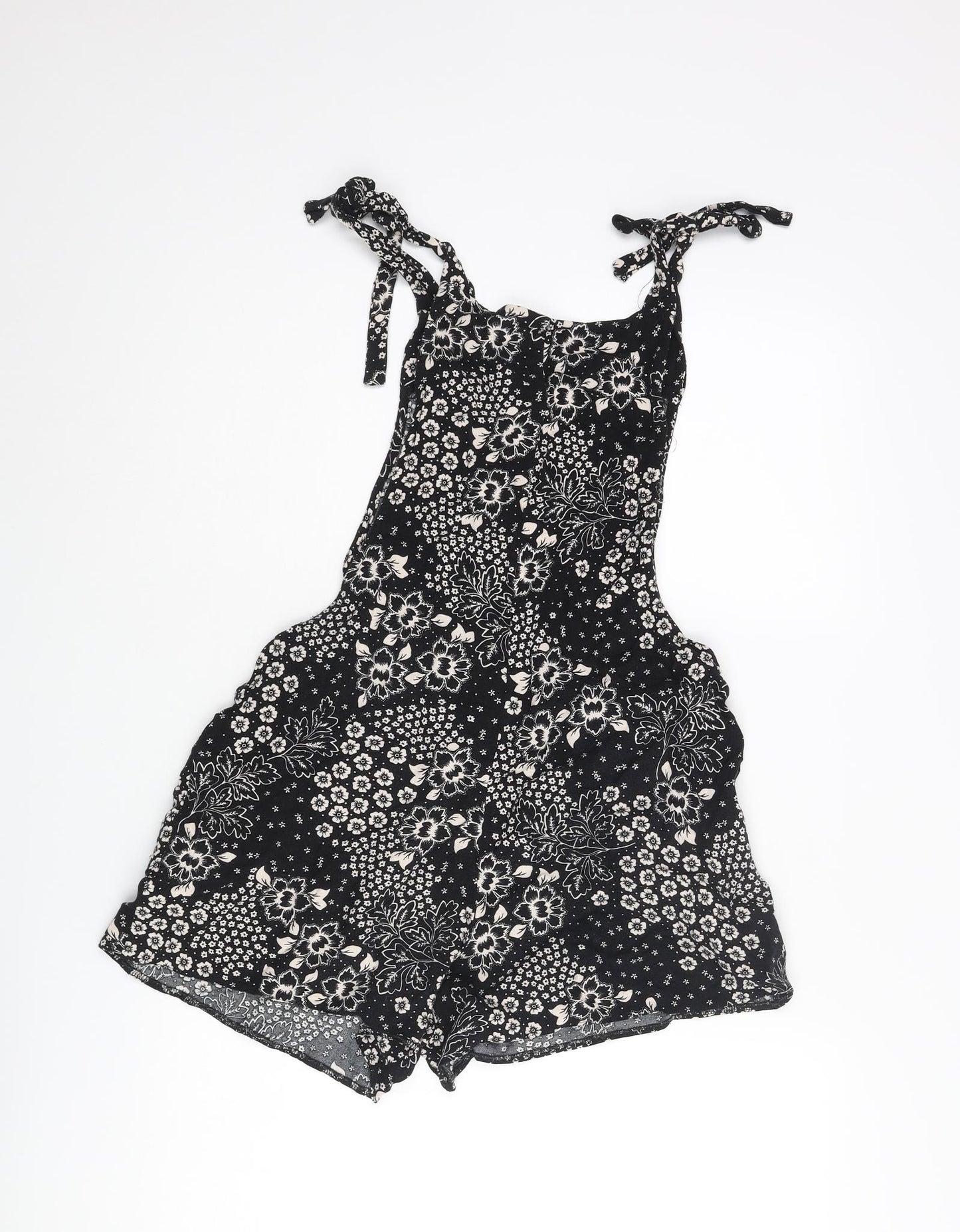 New Look Womens Black Floral Vinyl Romper One-Piece Size 10 Tie - Bow
