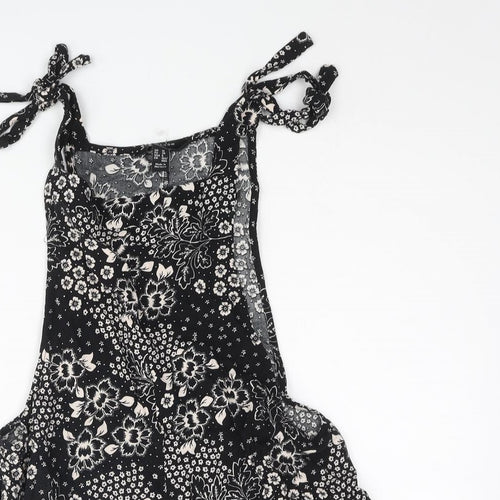 New Look Womens Black Floral Vinyl Romper One-Piece Size 10 Tie - Bow
