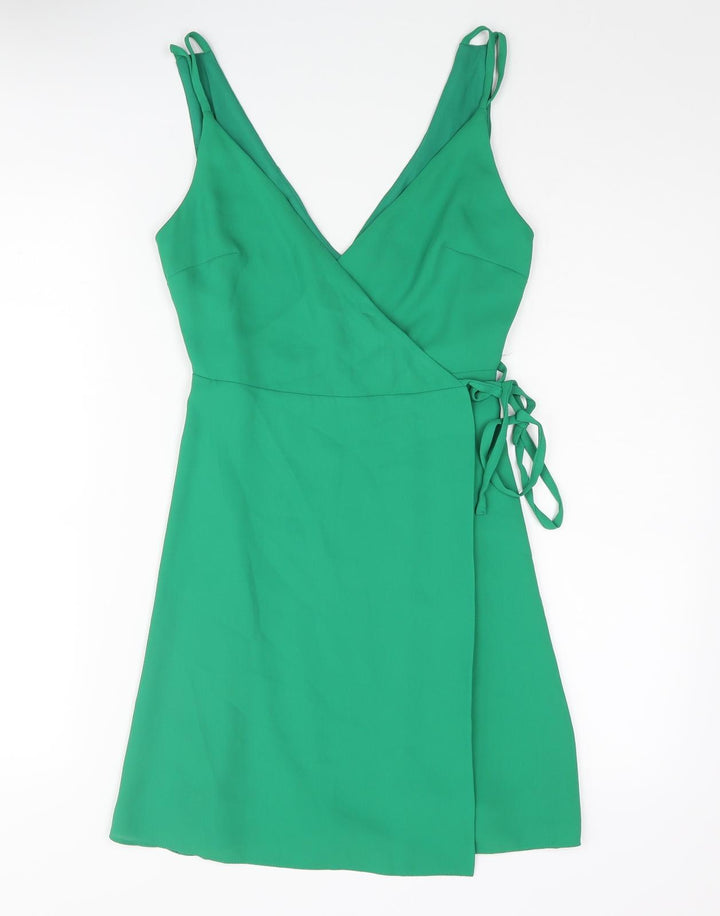 Topshop Womens Green Polyester Wrap Dress Size 6 V-Neck Button