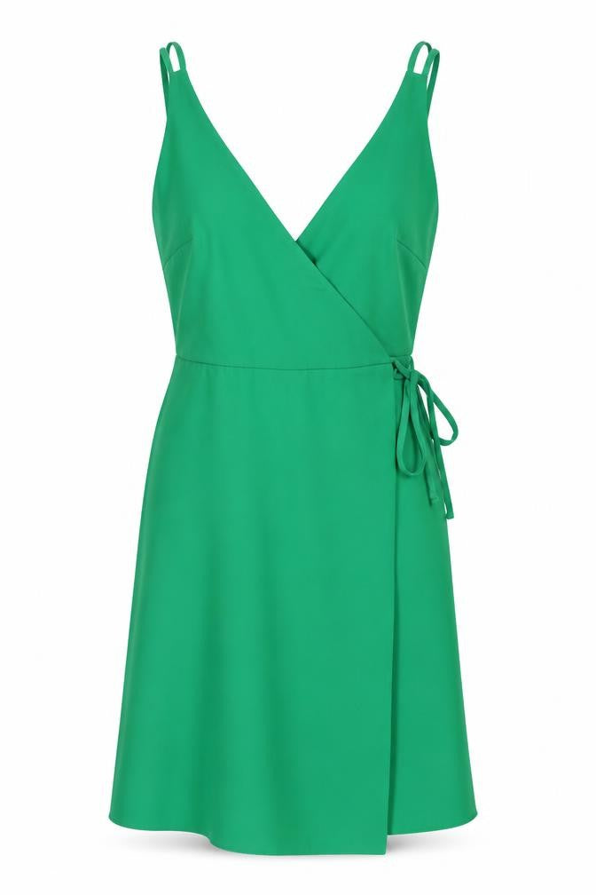 Front view of Topshop women’s green polyester wrap dress, size UK 6, v-neck button