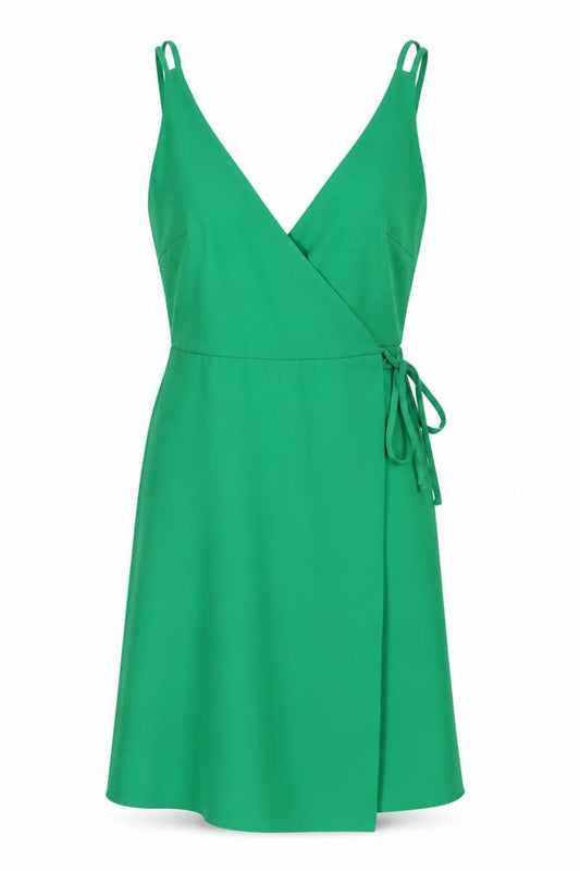 Front view of Topshop women’s green polyester wrap dress, size UK 6, v-neck button