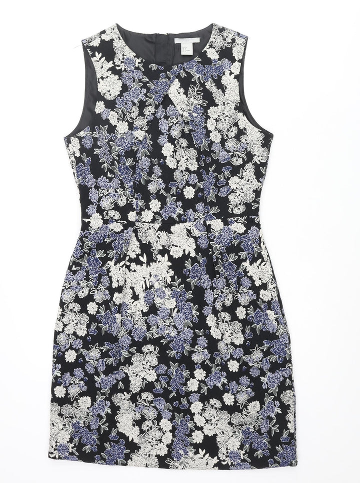 H&M Womens Multicoloured Floral Polyester Shift Size 8 Round Neck Zip