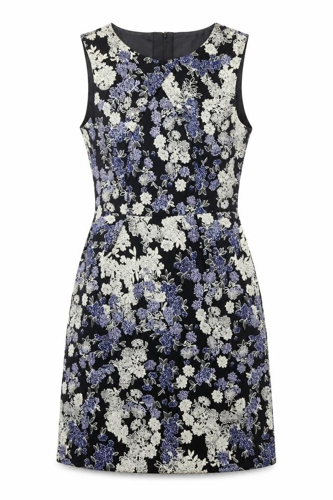 Front view of H&M women’s multicoloured floral polyester shift, size UK 8, round neck zip