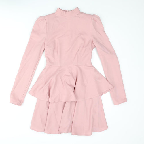 PRETTYLITTLETHING Womens Pink Polyester A-Line Size 4 Mock Neck Zip - Layered Frill