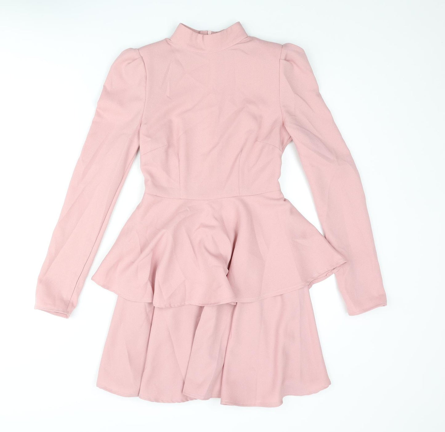 PRETTYLITTLETHING Womens Pink Polyester A-Line Size 4 Mock Neck Zip - Layered Frill
