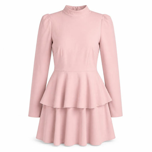Front view of PRETTYLITTLETHING women’s pink polyester a-line, size UK 4, mock neck zip - layered frill