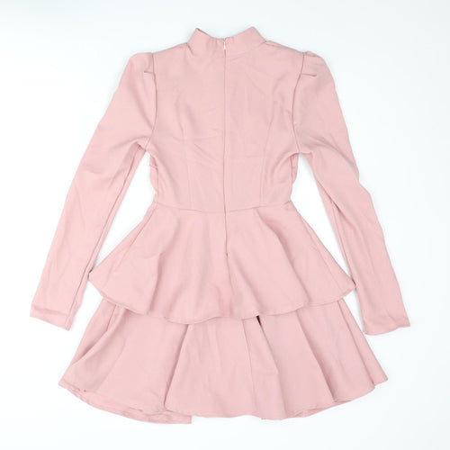 PRETTYLITTLETHING Womens Pink Polyester A-Line Size 4 Mock Neck Zip - Layered Frill