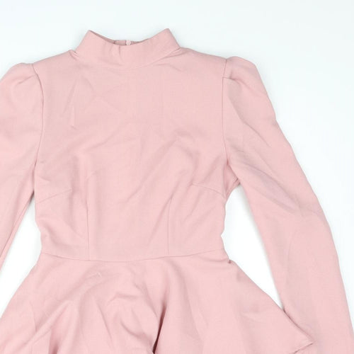 PRETTYLITTLETHING Womens Pink Polyester A-Line Size 4 Mock Neck Zip - Layered Frill