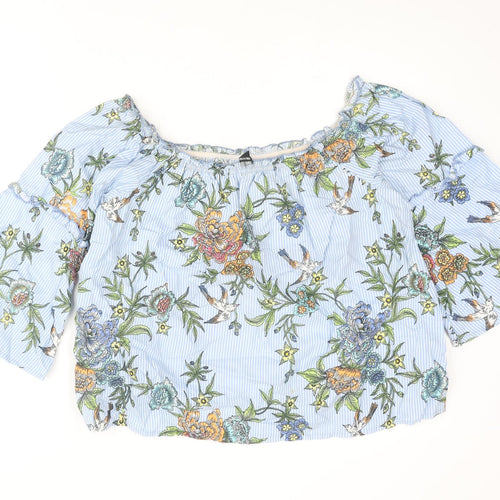 Influence Womens Blue Striped Polyester Basic Blouse Size 12 Off the Shoulder - Floral Frill