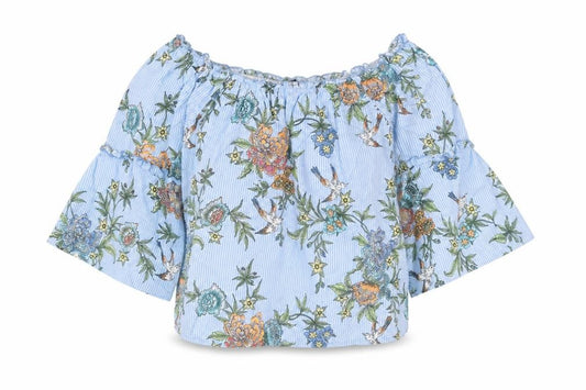 Front view of Influence women’s blue striped polyester basic blouse, size UK 12, off the shoulder - floral frill